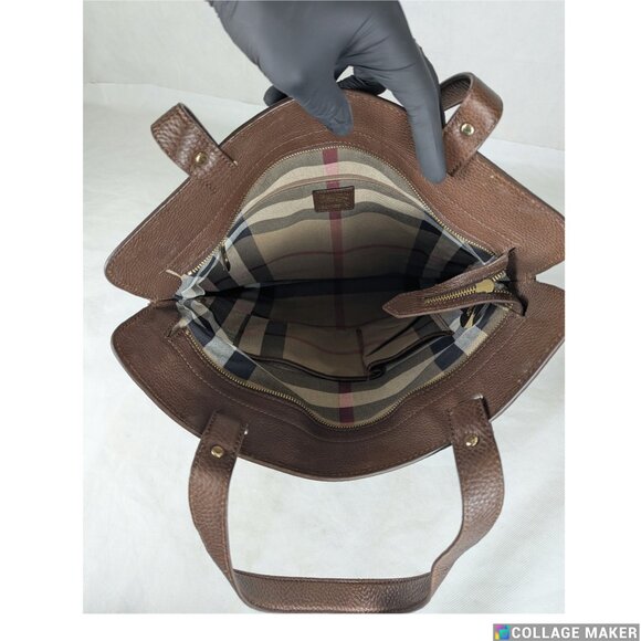 Authentic BURBERRY Beige Embroidered Tote Bag Brown Leather Canvas Logo Large - Picture 3 of 10